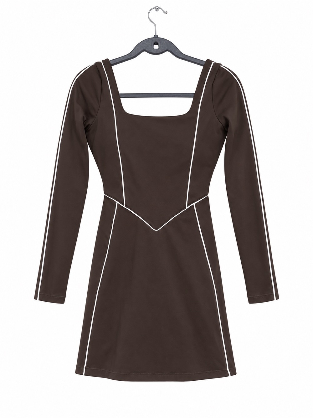 YLLw Square Neck Long Sleeve Gray Dress with White Contrast Piping